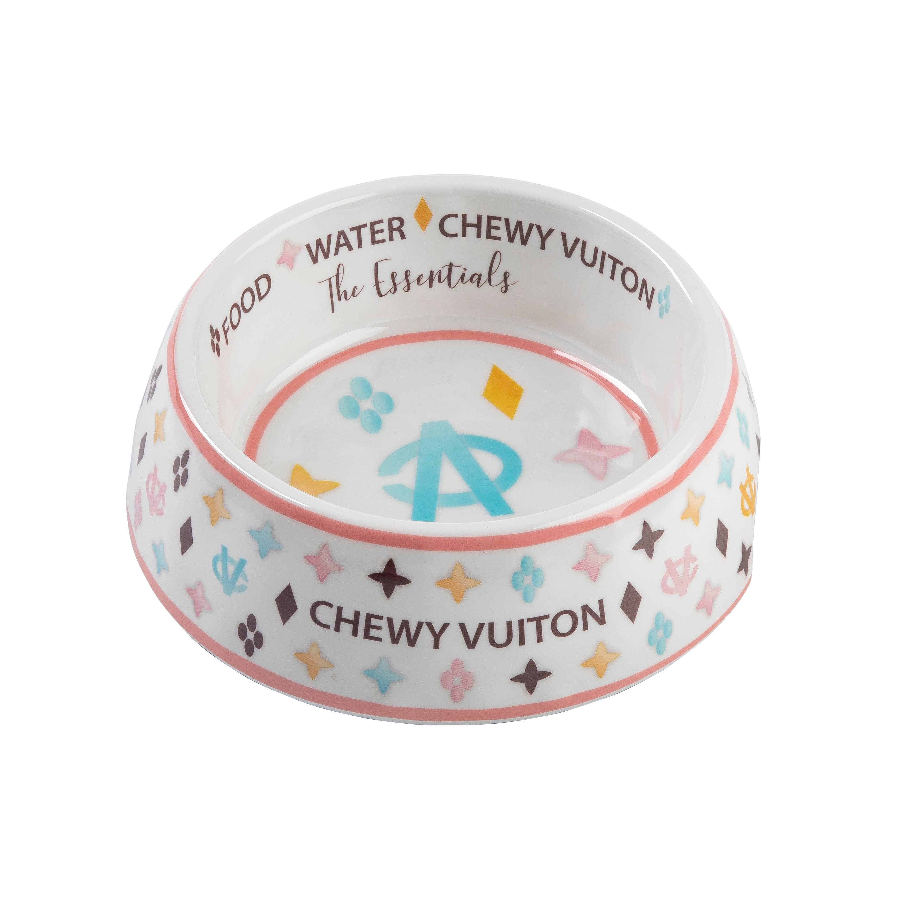 White "Chewy Vuiton" Pet Bowl