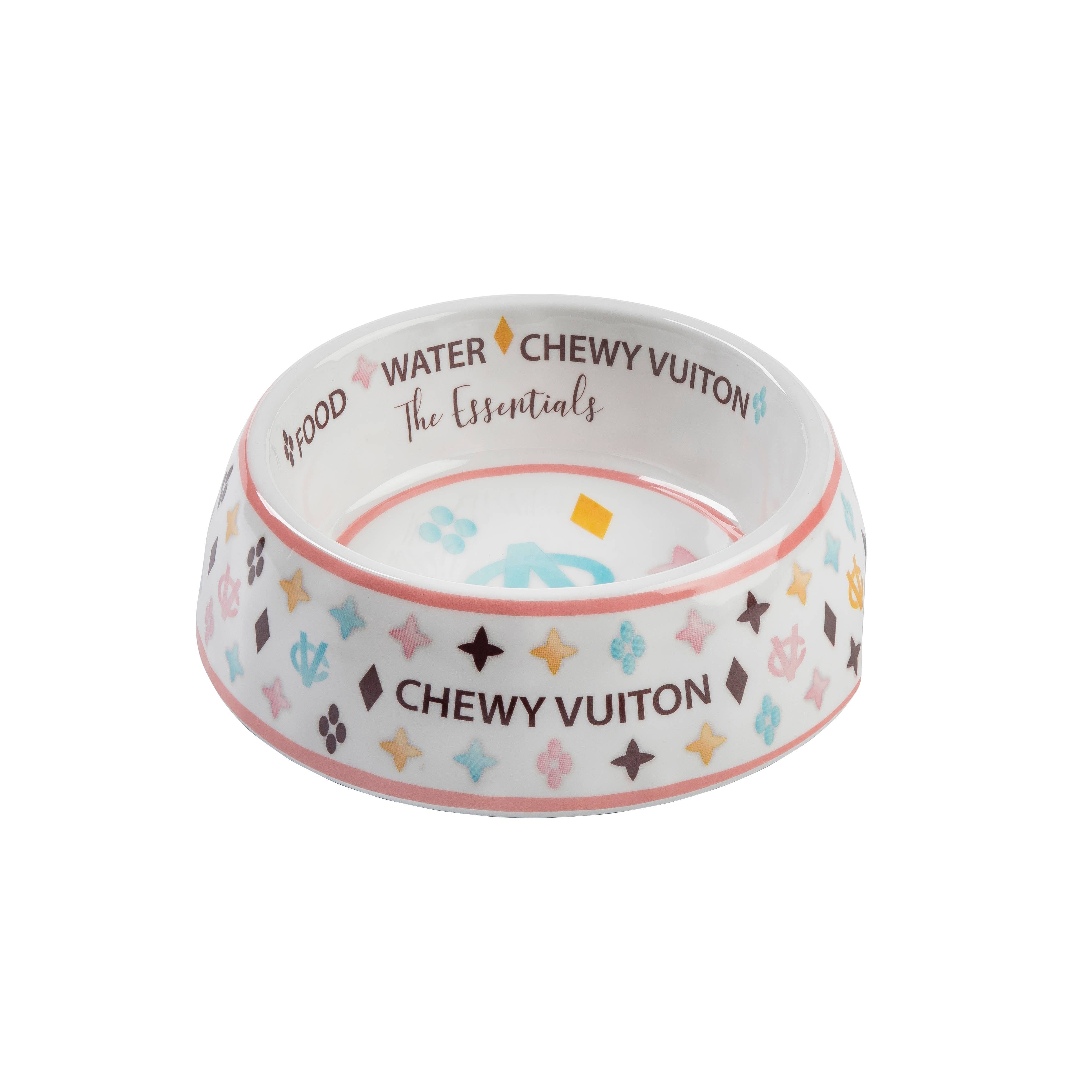 White "Chewy Vuiton" Pet Bowl