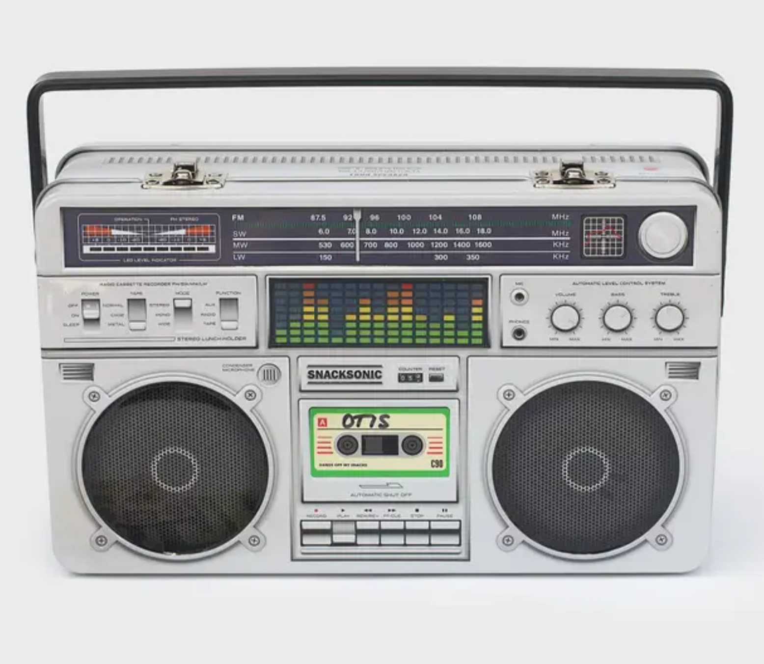 Vintage-style radio and cassette player with 'Snacksonic' branding on a white background