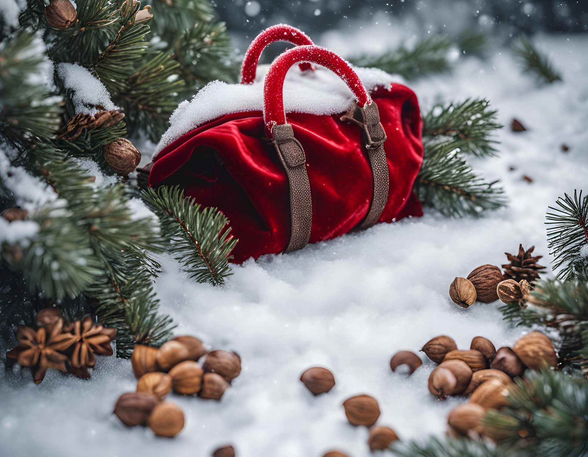 Red Velvet Christmas Bag with leather straps on a snowy forest floor with pine trees and nuts on the ground